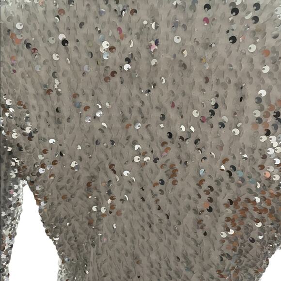 NWOT Bodycon DRESS Womens S Silver Deep V Sequined Long Sleeves Slit Cocktail - Picture 8 of 14